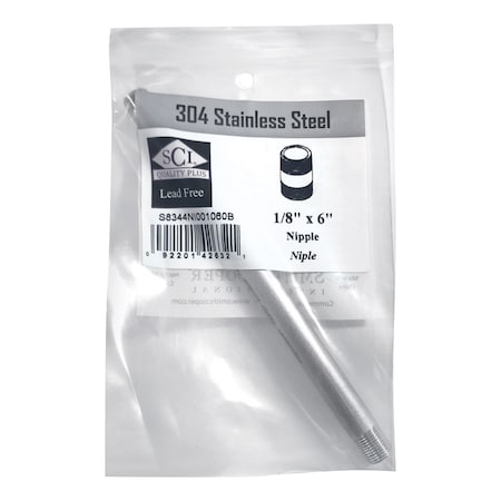 Smith-Cooper Smith-Cooper 1/8 in. MPT Stainless Steel 6 in. L Nipple S8344NI001060B